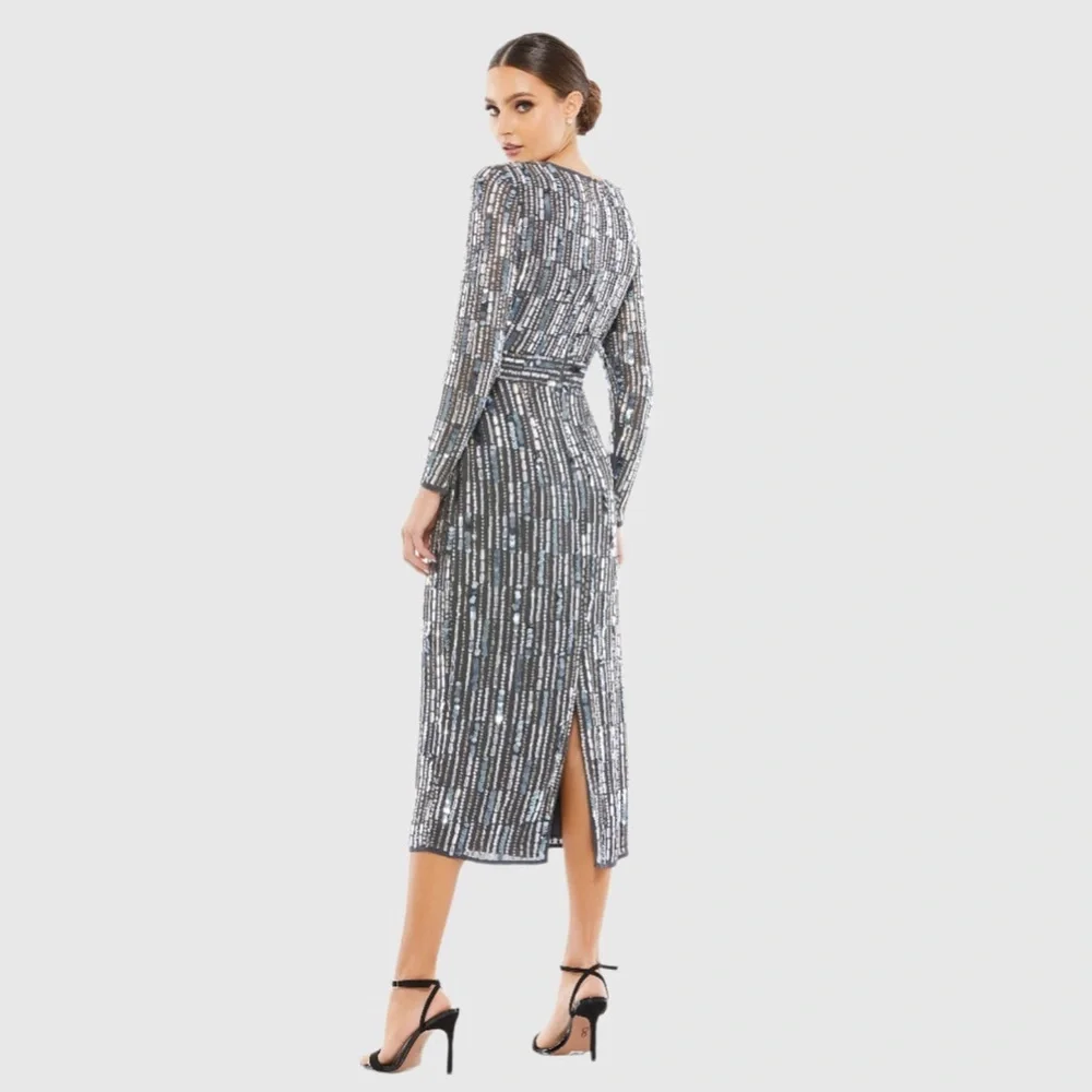 MAC DUGGAL Charcoal Gray Embellished High Neck Long Sleeve Fitted Dress NWT 16